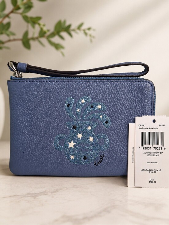 Coach Handbags - Coach Aquarius Zodiac Corner Zip Wristlet Stone Blue Leather NWT
